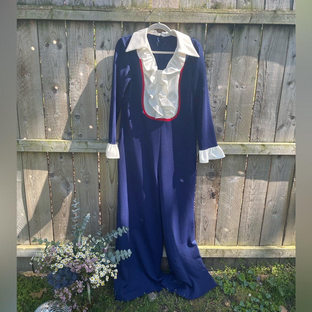 1970s red & blue wide leg jumpsuit